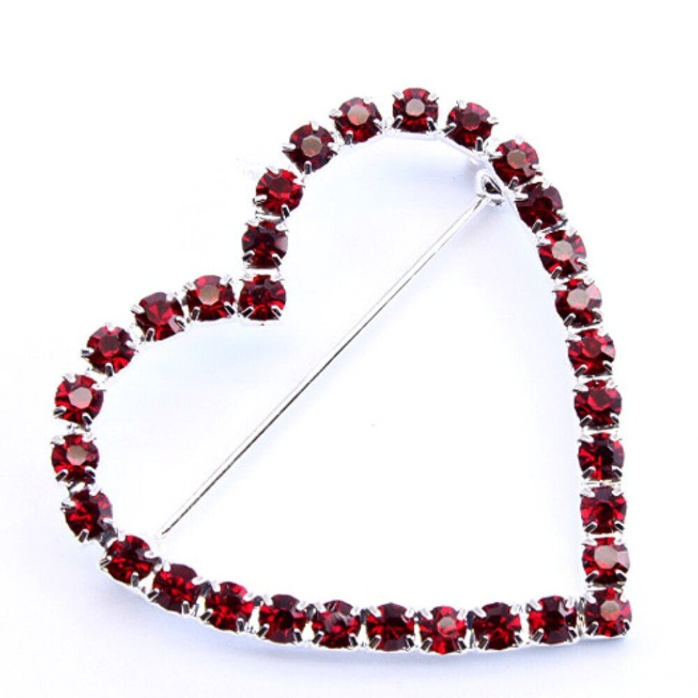 Rhinestone Silver Red Open Heart Pin Brooch